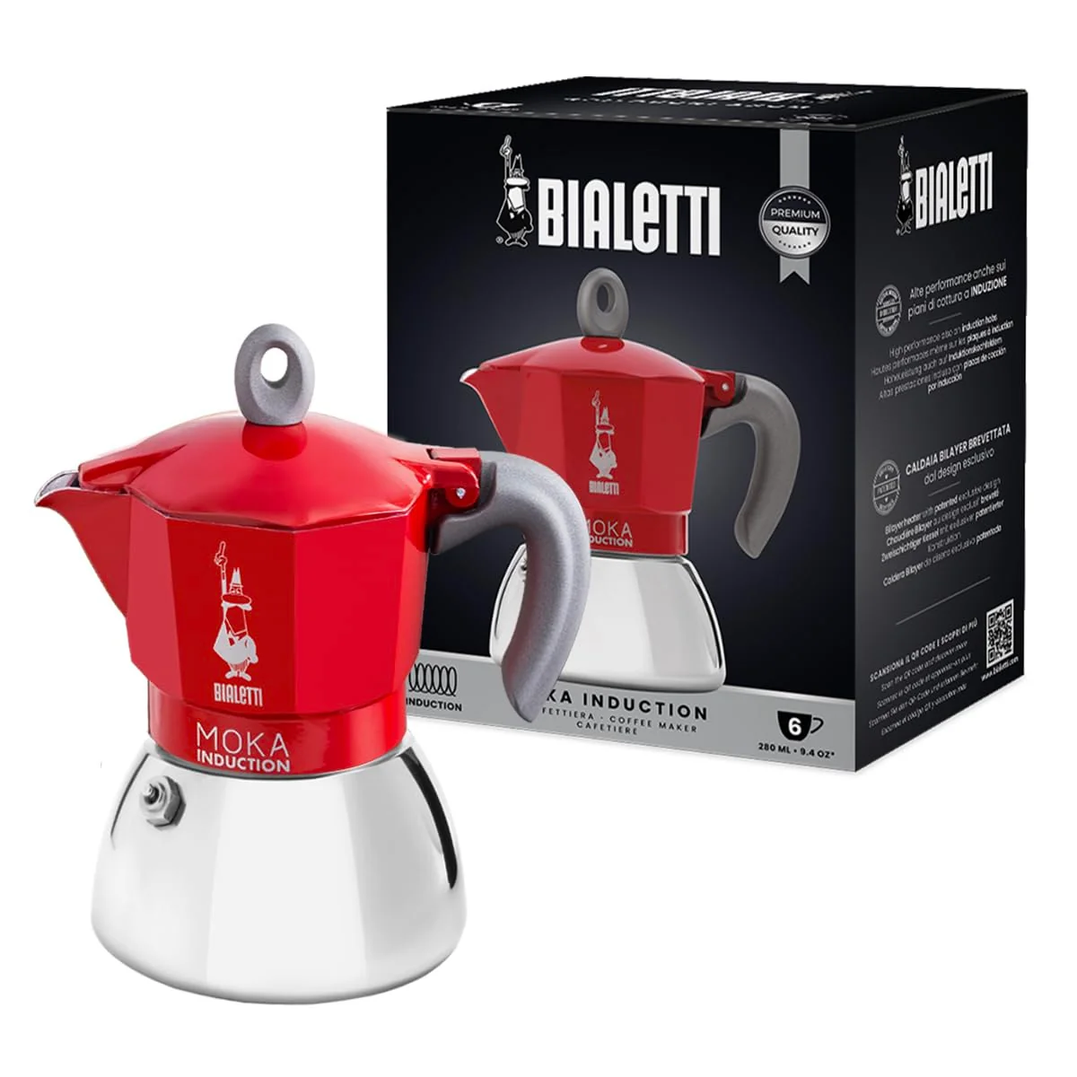 Bialetti Moka Induction Stovetop Coffee Maker, 6 Cup / 9.4 oz, Red