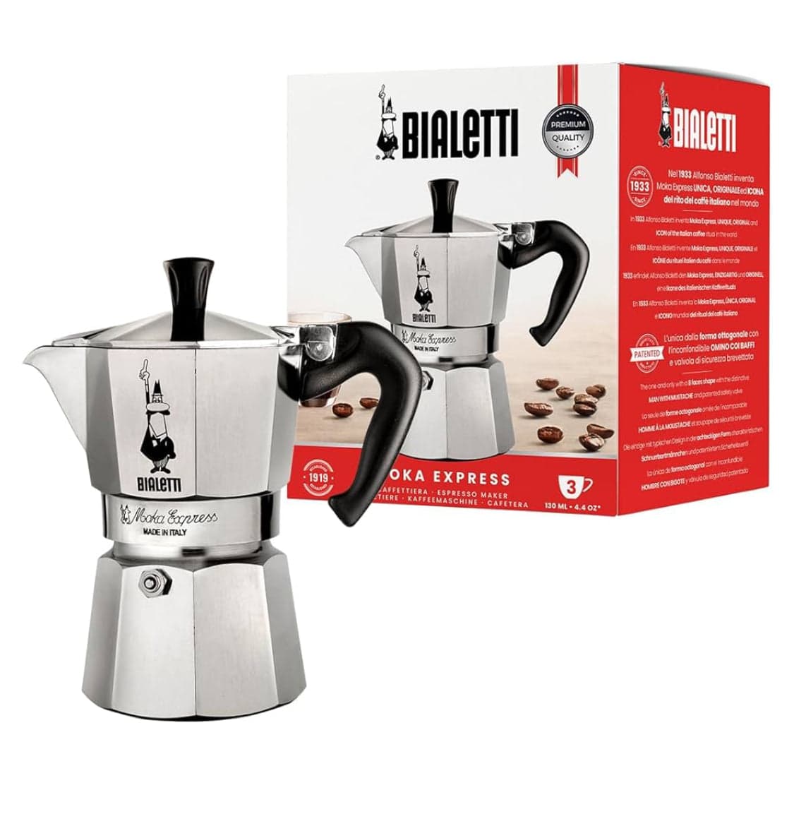 Bialetti - Moka Express: Iconic Stovetop Espresso Maker, Makes Real Italian Coffee, Moka Pot 3 Cups (4.3 Oz - 130 Ml), Aluminium, Silver