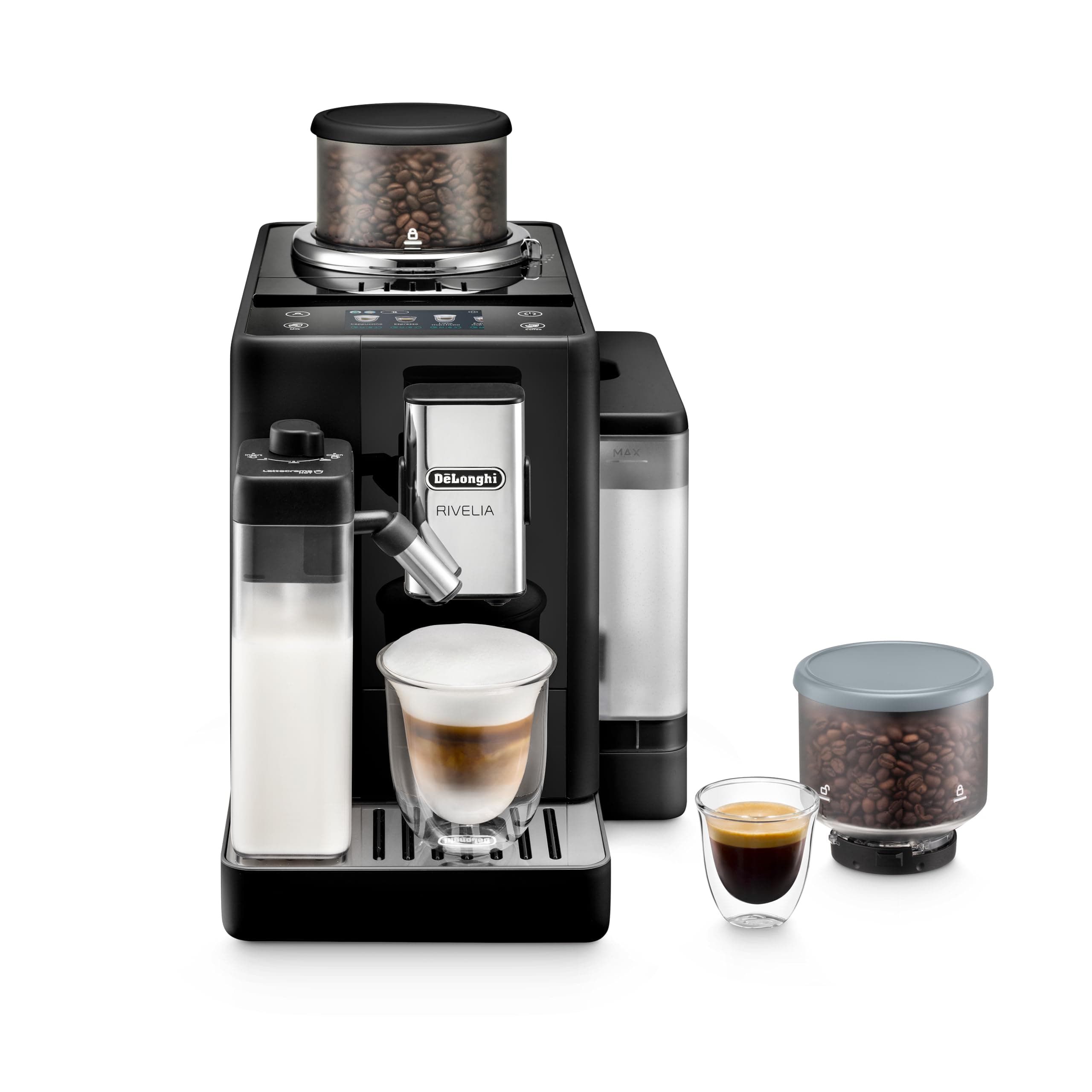 De'Longhi Rivelia Automatic Espresso Machine with Grinder & Milk Frother – Bean Switch & LatteCrema, Black